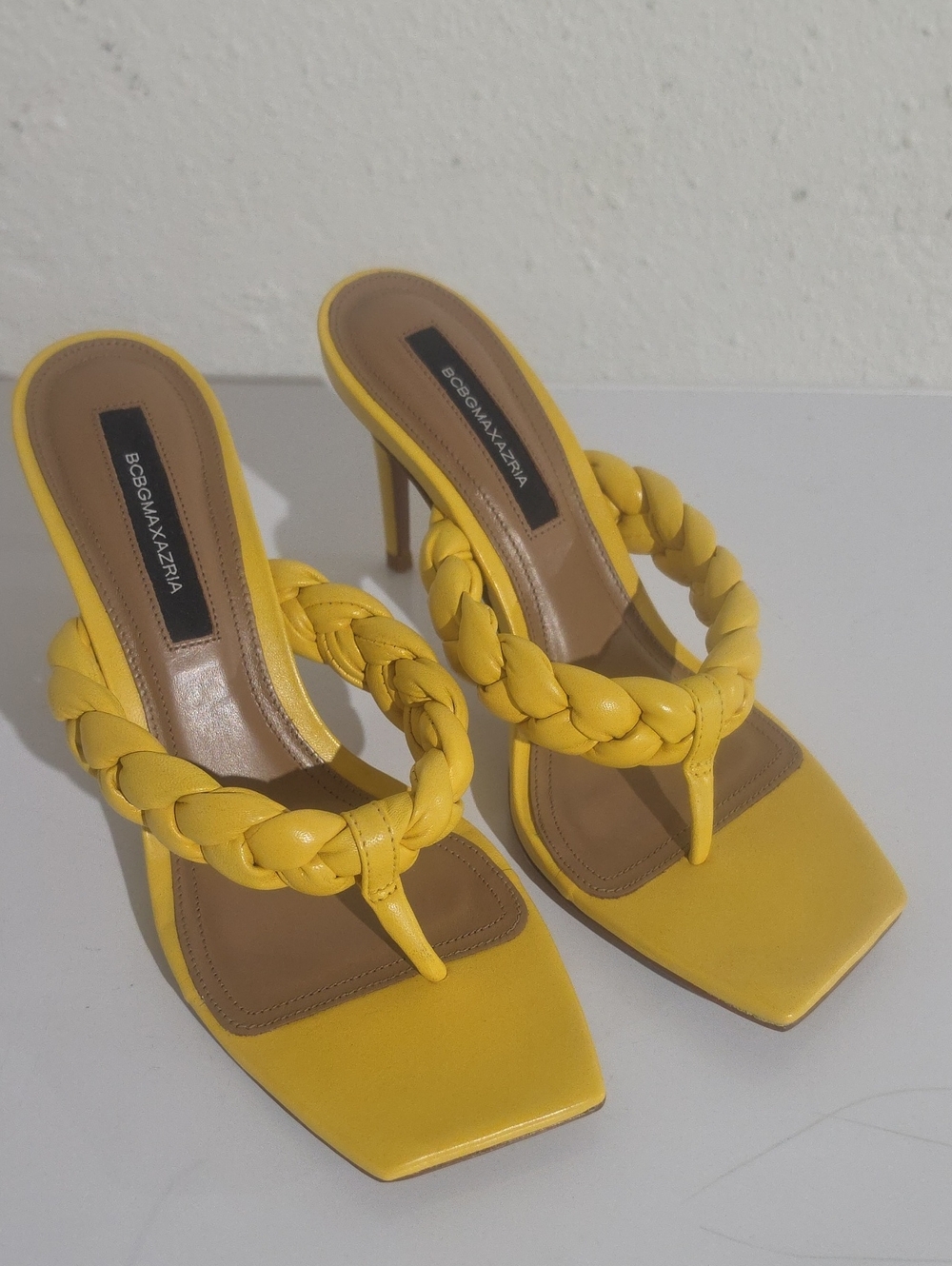 BCBGMaxAzria Bella Yellow Braided Thong Stiletto Sandals
